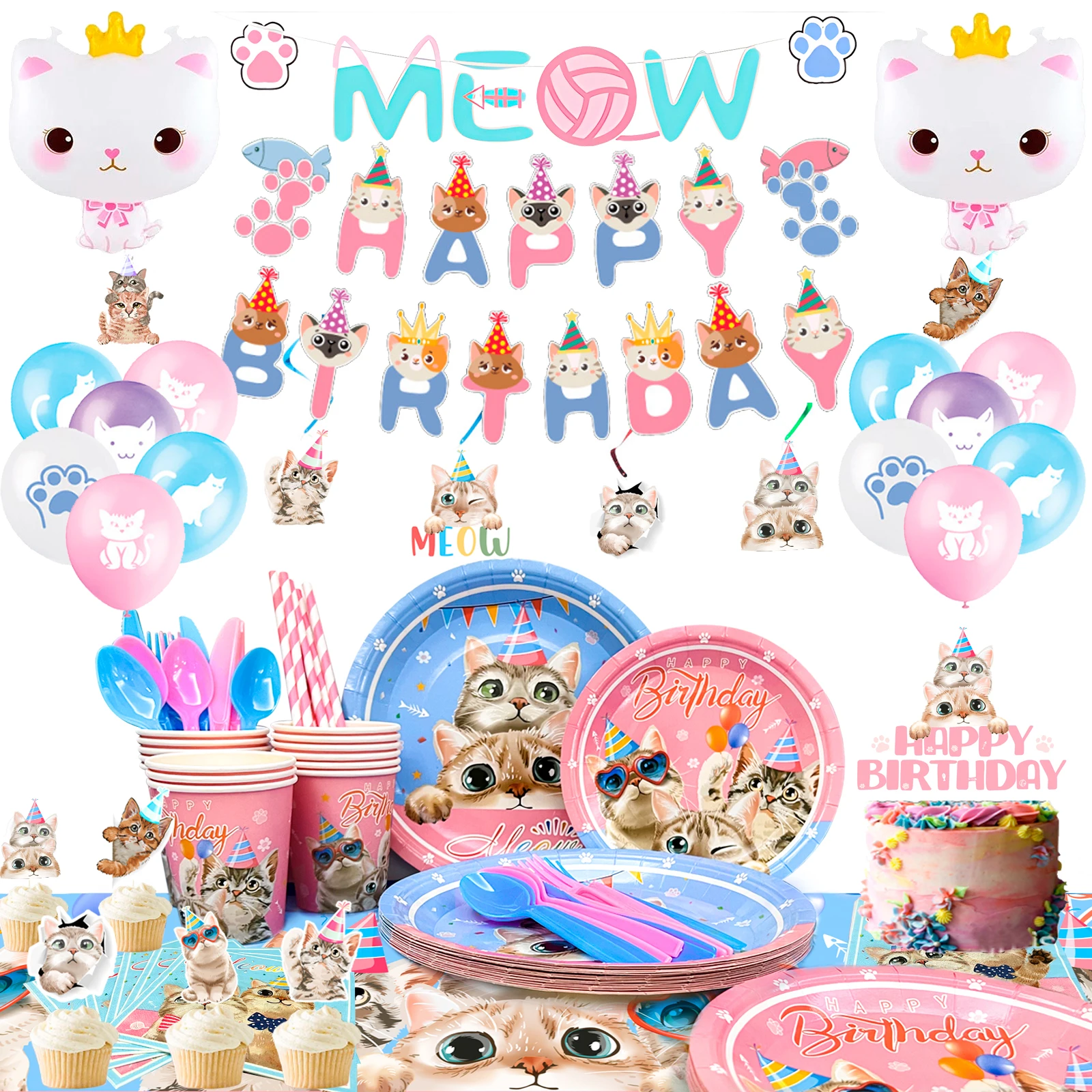 

Cat Birthday Party Supplies,178pcs Party Decorations&Tableware Set-Kitten Party Decorations Balloons Banner Plates Cups Napkins