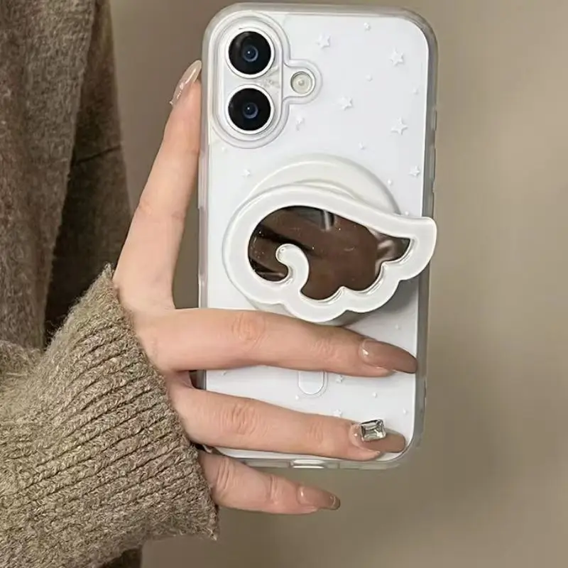 Miroir de maquillage ailes 3D coréen mignon, Support pour Magsafe Griptok, anneau de doigt de téléphone, Support pour iPhone 17 16 15 14 13