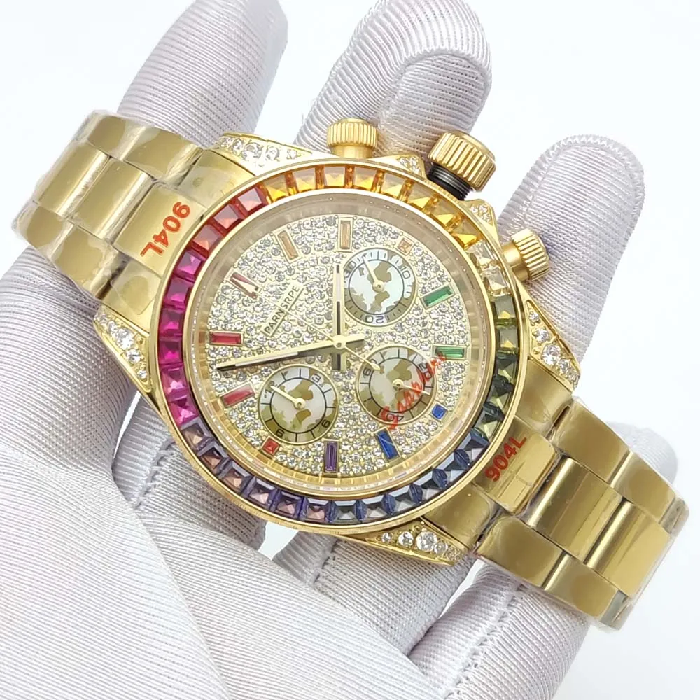 ساعة كوارتز رجالية فاخرة باللون الذهبي بتصميم ماسي وساعة VK63 للرجال بحزام معدني متطابق