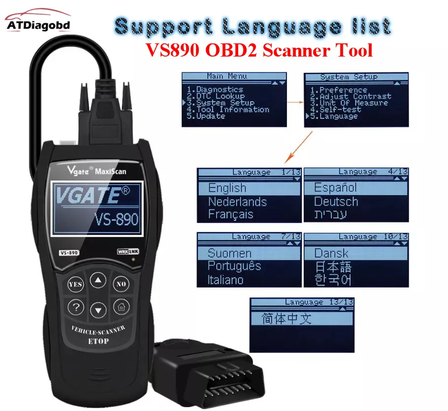 VS890 OBD2 Code Scanner Code Reader Universal Support Multi-language Vgate VS 890 Car Diagnostic Tool