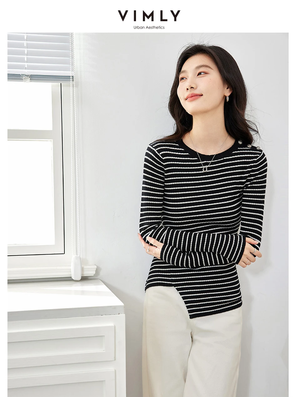 VIMLY Women's Black White Striped Commuter Knitted Sweaters Autumn Casual Irregular Long Sleeve Versatile Slim Knit Pullovers