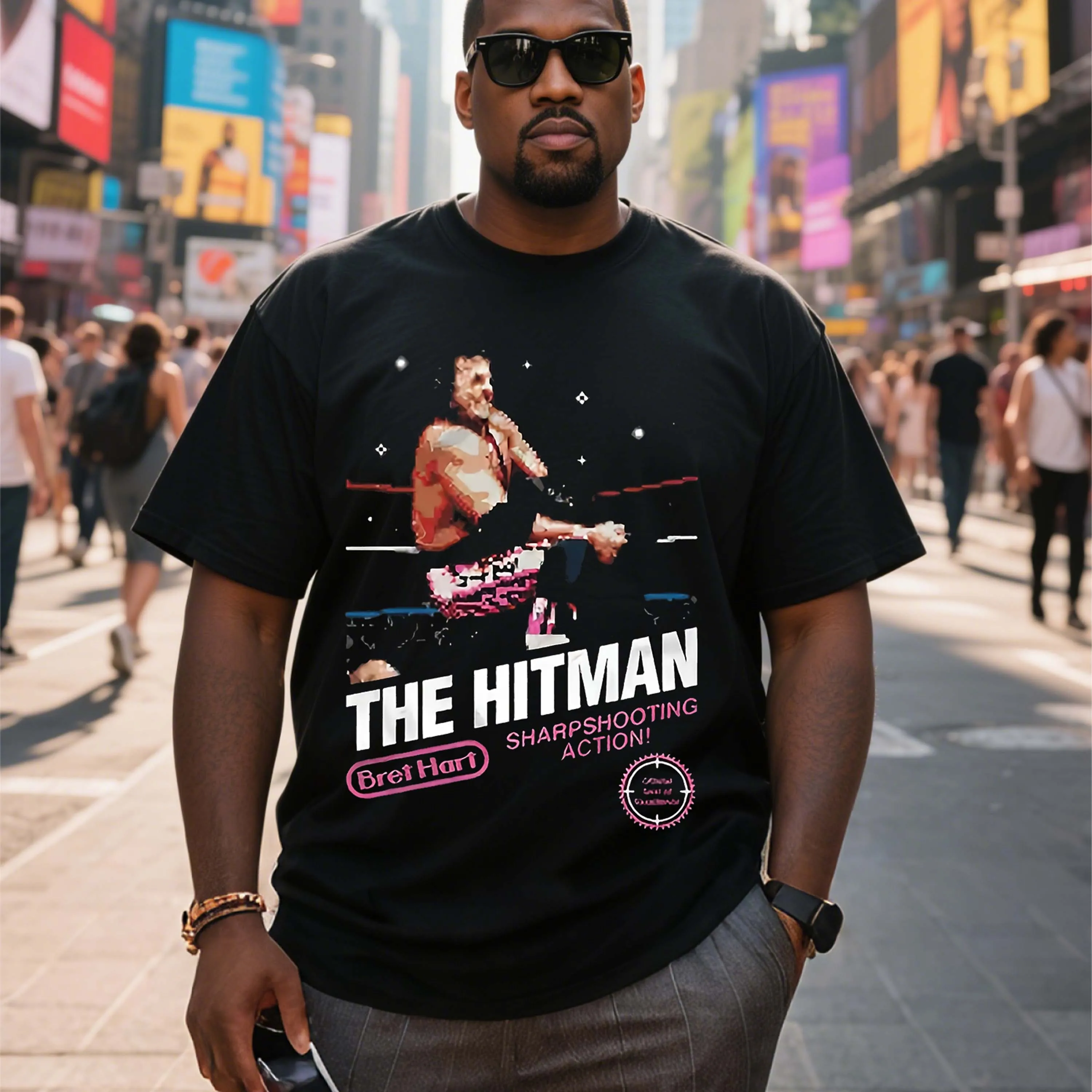 

Plus Size Black Short Sleeve T-Shirt with Boxer Pattern Suitable for Outdoor Leisure Wear in Summer