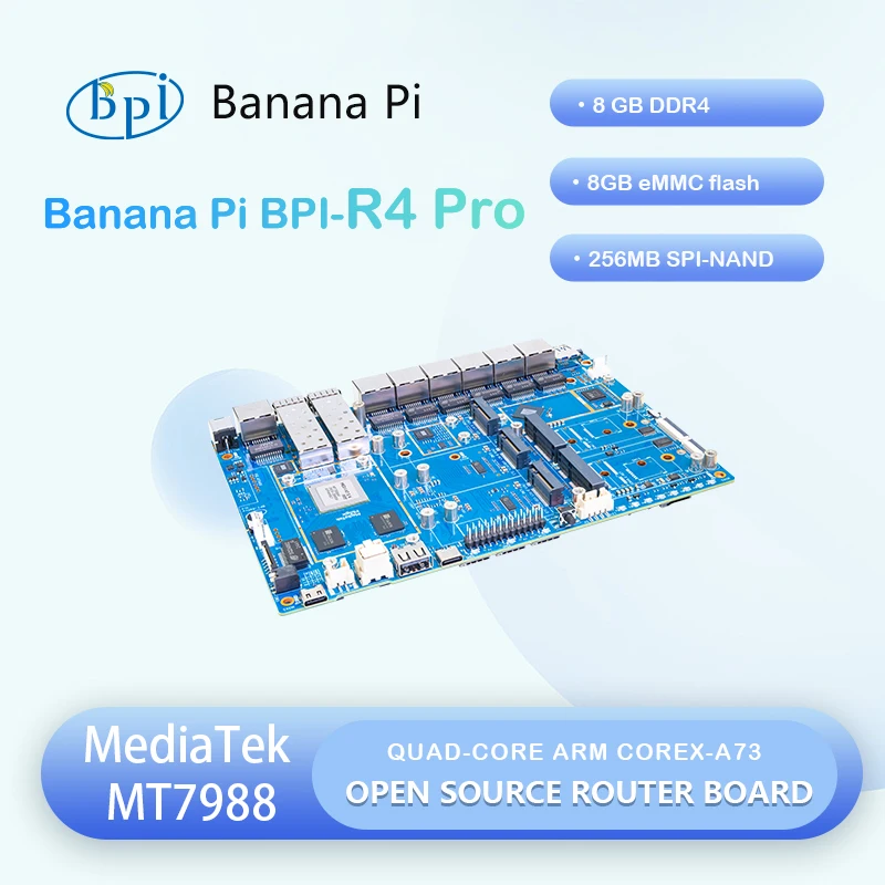 

Banana Pi BPI-R4 PRO MediaTek MT7988A (Filogic 880) Четырехъядерный кронштейн Corex-A7 8 ГБ DDR4 8 ГБ eMMC Плата маршрутизатора Wi-Fi7 Домашняя автоматизация