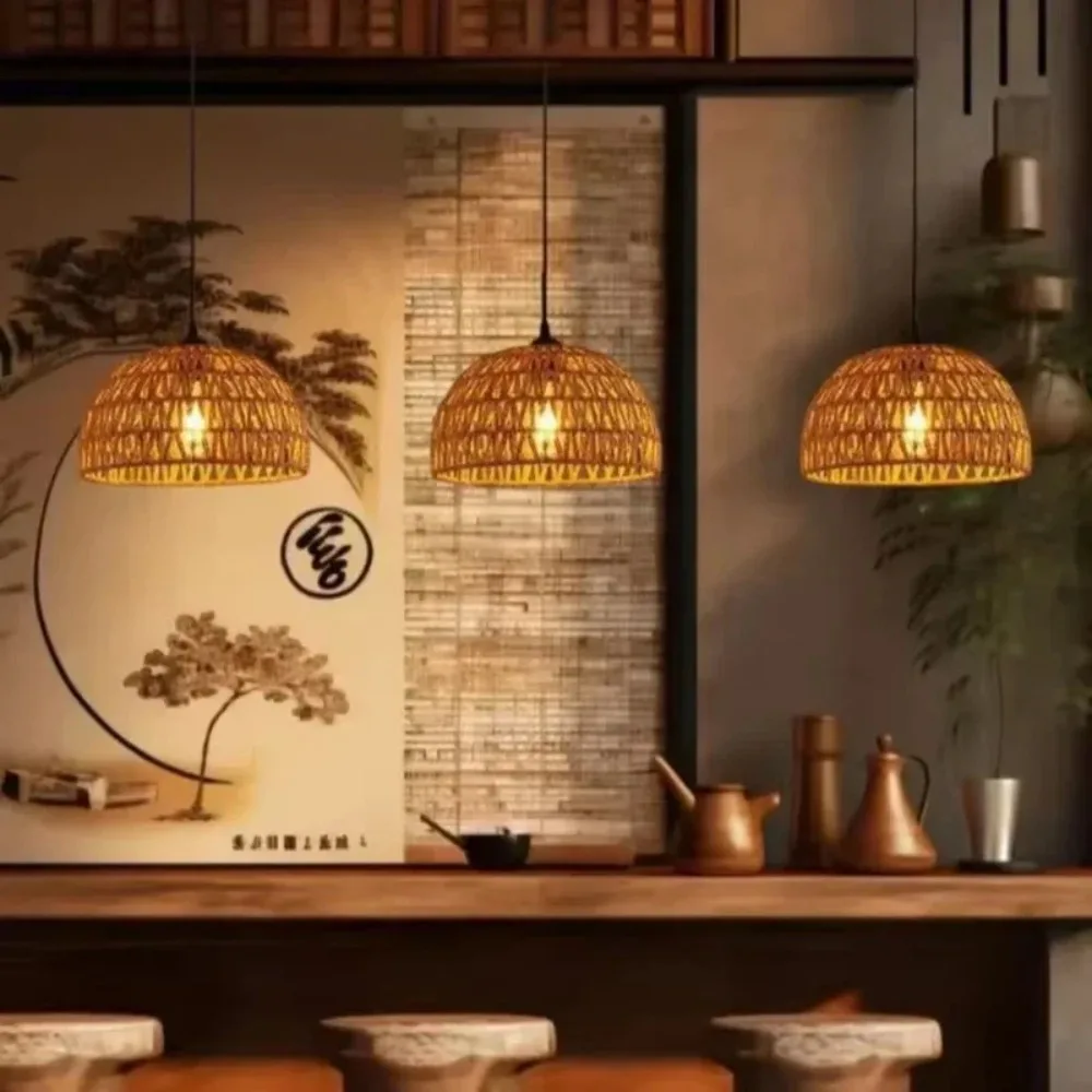 Vintage Chandelier Pendant Light E27 Rattan Ceiling Light Fixture Retro Ceiling Lamp for Living Room Kitchen Bedroom Cafe Bar