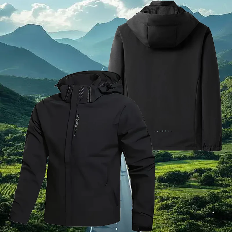 Herren Einfarbige Schwarze Leichte Outdoor-Wanderjacke, Wasserdichte Windjacke mit Abnehmbarer Kapuze, Lässiger Sportmantel für Trekking