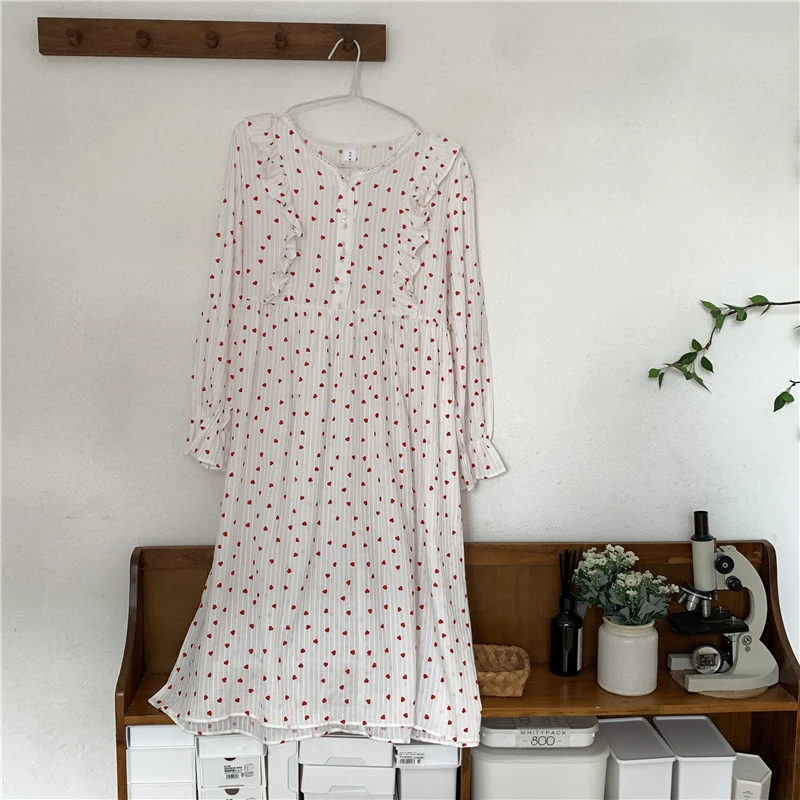 Single Breasted Heart Print Spring Nightgown Women Cotton Ruffles Korean Long Sleepwear Loose Casual Night Dress Sweet Pink