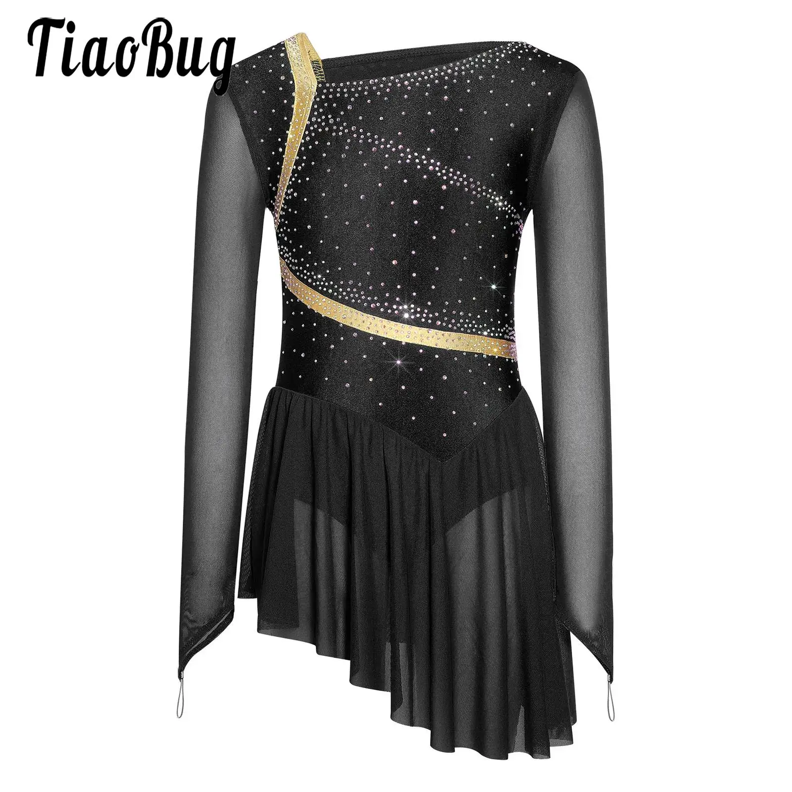 Kids Girls Figure Skating Lyrical Ballet Dance Dress Performance Costume Long Sleeves Strappy Back Rhinestones Leotards Dress