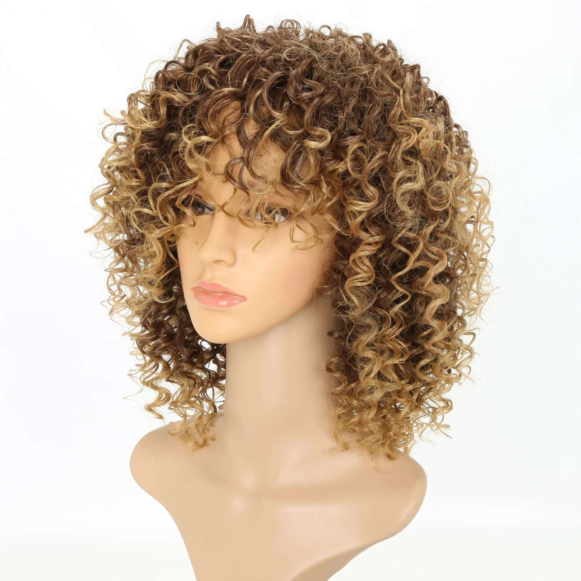European and American short hair African wig hairpiece synthetic small curls light brown full head synthetic wig