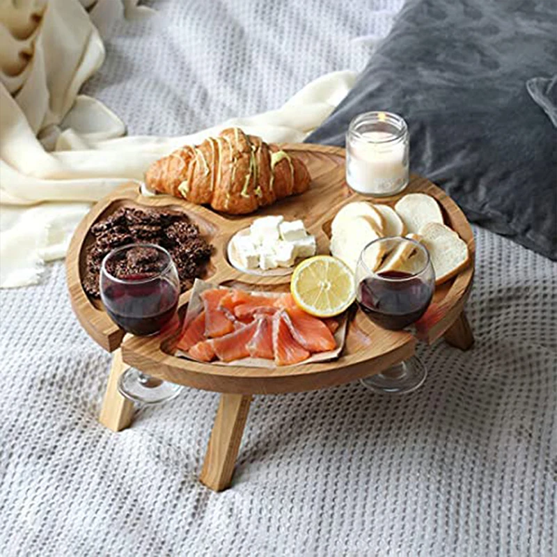 1Pc Wooden Round Foldable Tables Dried Fruit Tray With Wine Glass Holder For Outdoor Picnic Garden Party Fruit Snack Pastry Tray image 2