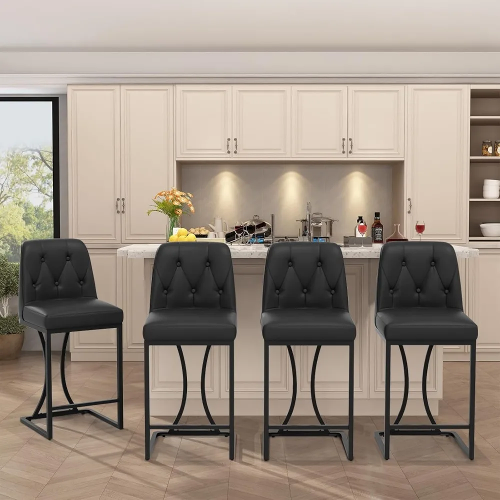 Black Counter Height Bar Stools Counter Stools Pu Leather Modern Bar Chairs with Back for Kitchen Island
