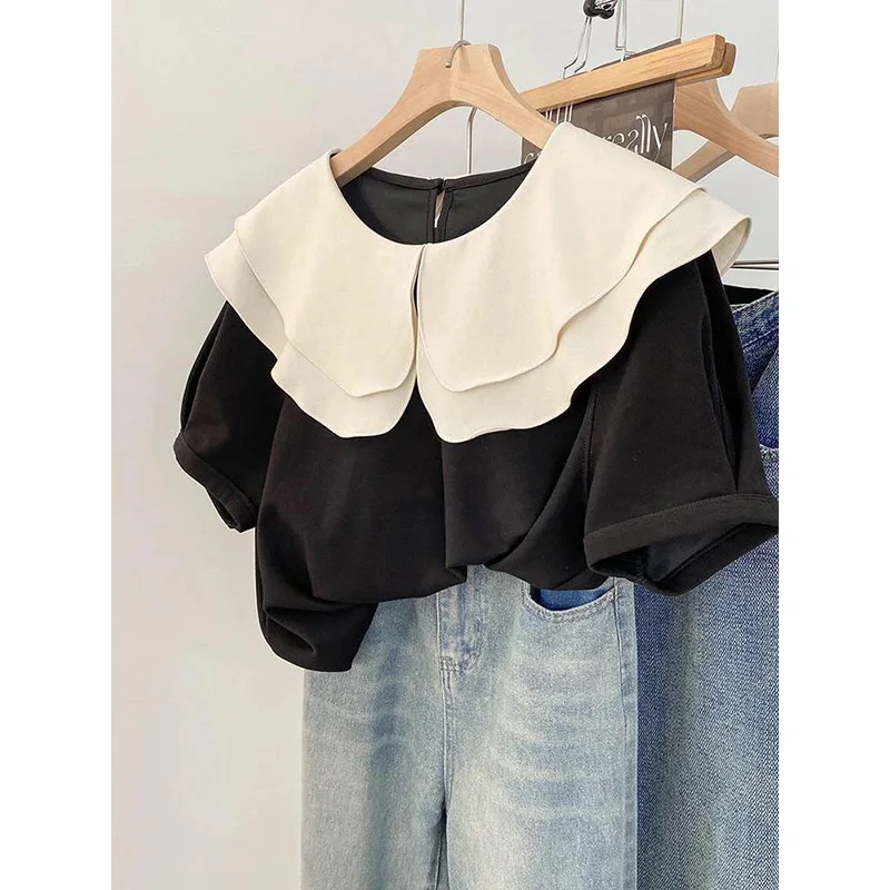 

Summer Fashion Peter Pan Collar Elegant Short Sleeve Shirts Women Loose French Style Patchwork Thin Tops