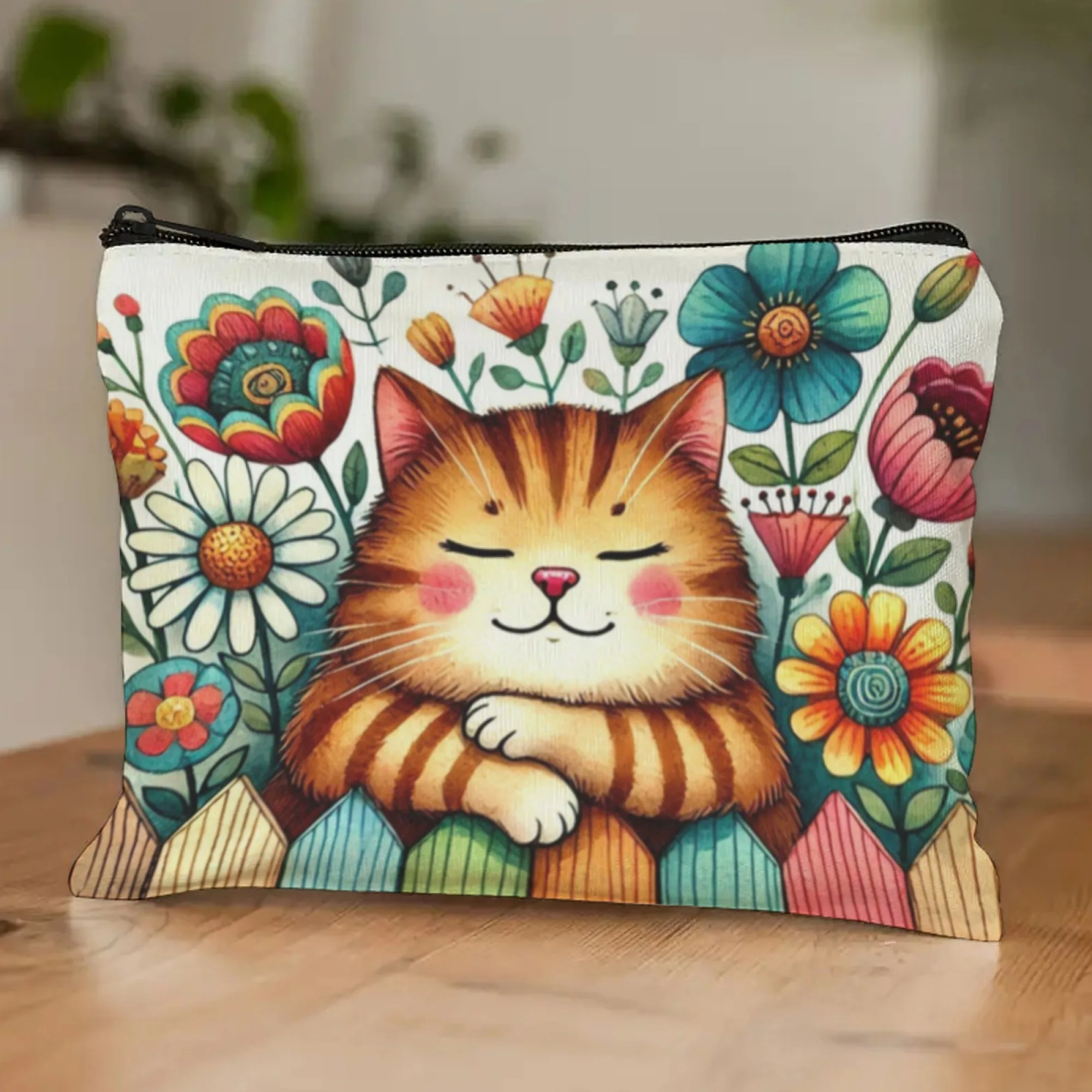 Bolsa de cosméticos para mujer con dibujos animados de gato naranja tumbado en la valla, bolsa de almacenamiento para el campus, estuche para lápices, adecuada para regalo de estudiantes