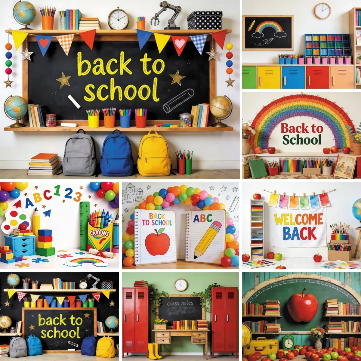 Back To School Photography Backdrop Books Drawing Pens Blackboard Bookshelf Student Birthday Party Decoration Photo Background