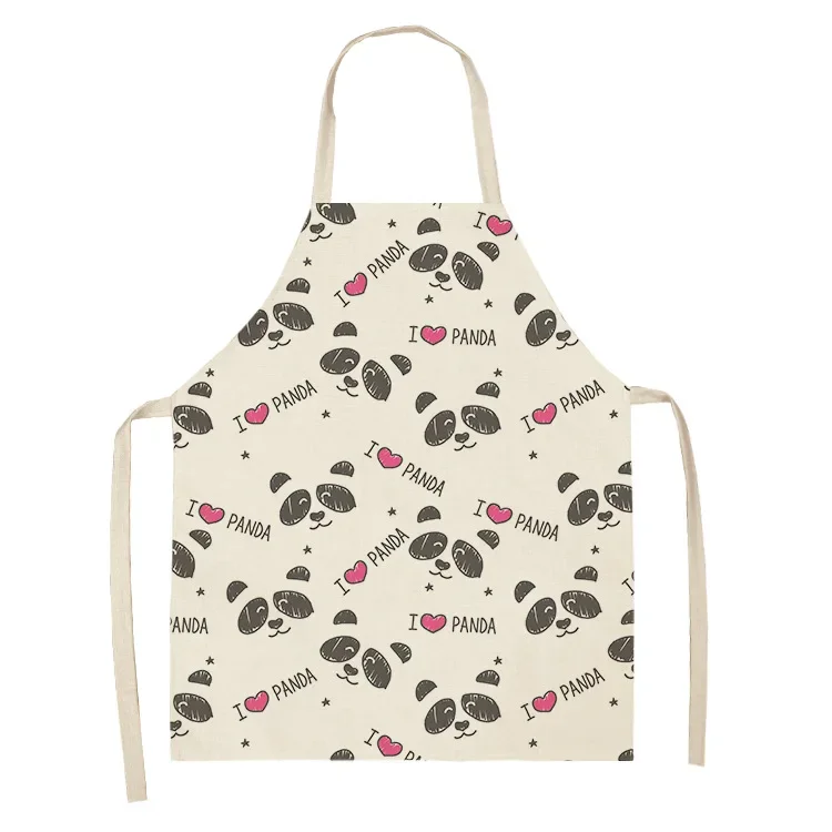 1Pcs Cute Panda Letter Kitchen Aprons For Women Cotton Linen Bibs Household Cleaning Pinafore Home Cooking Apron 55x68cm