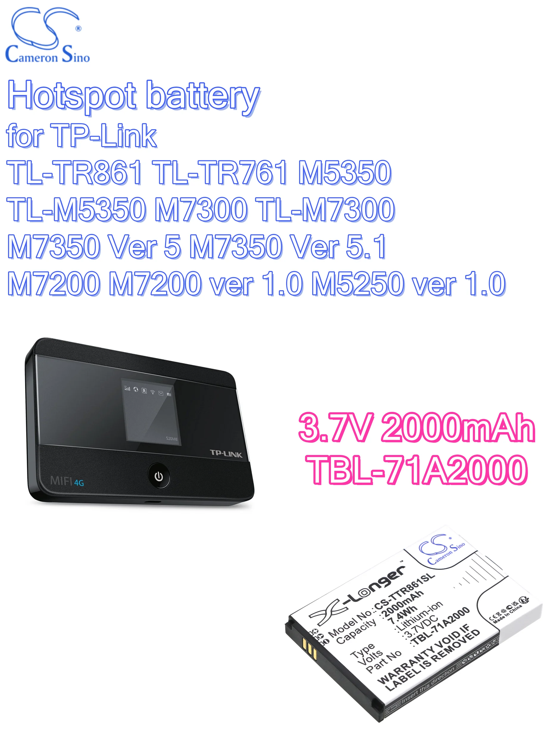 battery Cameron Sino Hotspot 3.7V 2000mAh for TP-Link  TL-TR861 TL-TR761 M5350 TL-M5350 M7300 TL-M7300 M7350 Ver 5 M7350 Ver 5.1