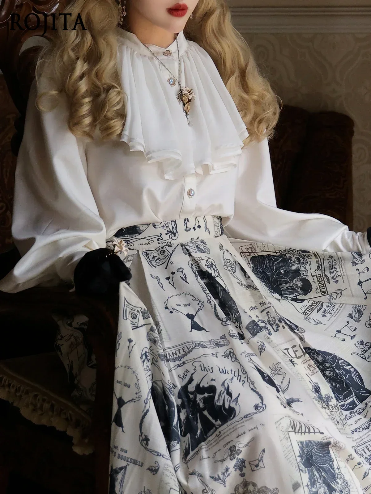

Temperament Satin Crew Neck Long Sleeve Shirt Ladies Spring 2026 New Elegant Ruffles Solid Color Top Japanese Lolita Shirt