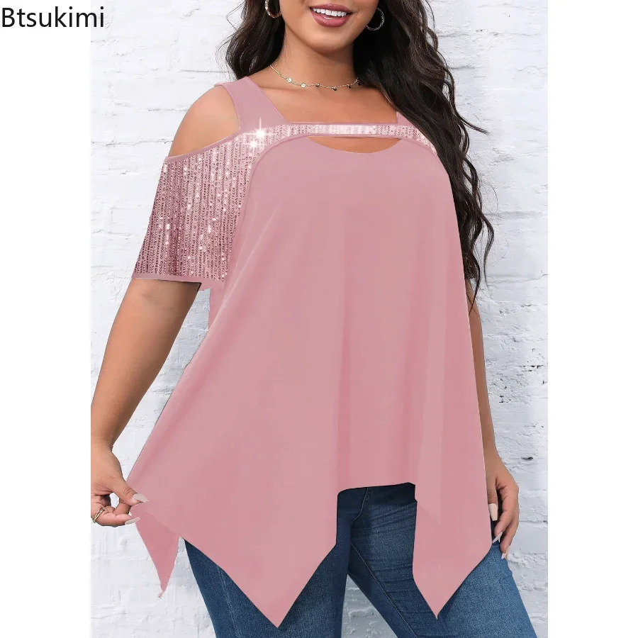 Plus Size 5XL 6XL Casual Short Sleeve Tee Shirts for Fat Ladies Soft Sequin Hollow Out Oversized  Blouse Women Summer Clothing