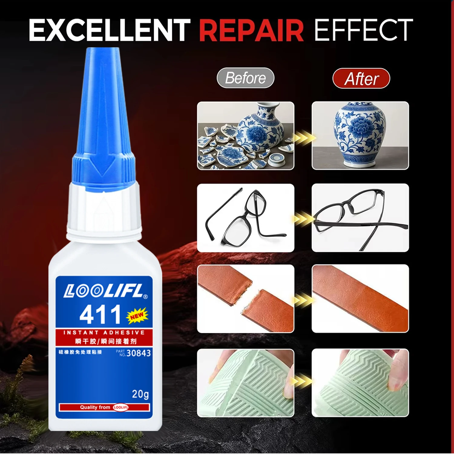 1-7Pcs Loolifl 20ml 411 Instant Strong Super Glue Universal Superglue Mighty Instant Glue for Resin Ceramic Metal Glass Fast Dry