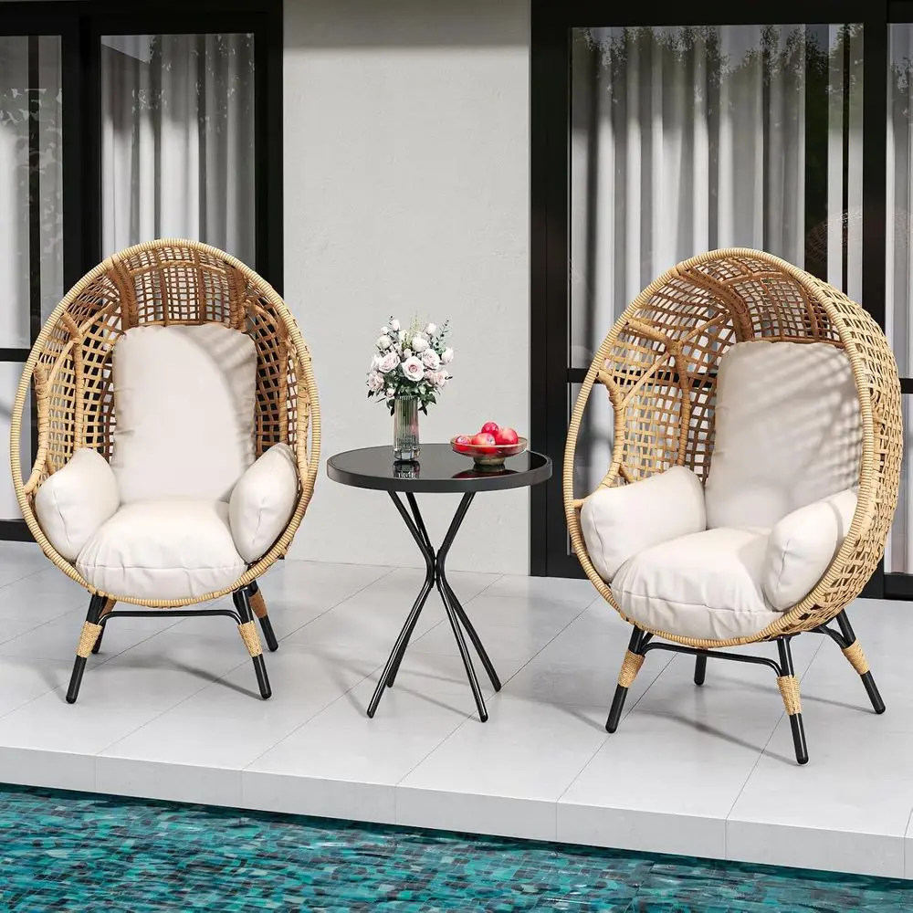 

Набор из двух больших уличных плетеных стульев-яйц со столом, мягкой стальной каркасом, для патио, сада, крыльца, спальни