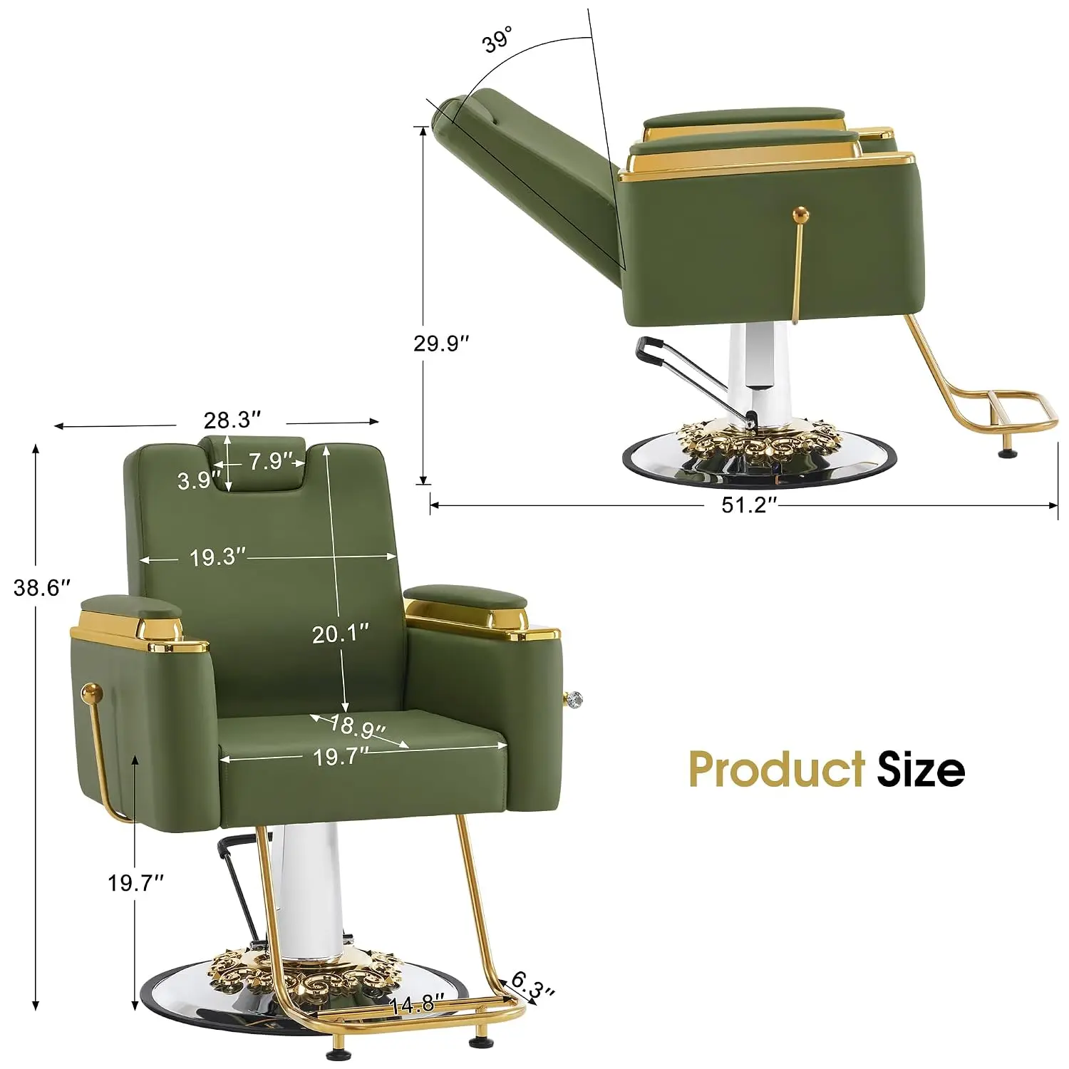 Luxurious Barber Chair for Hair Stylist & Barbershop, Hydraulic Reclining Salon Equipment, Green, Customized