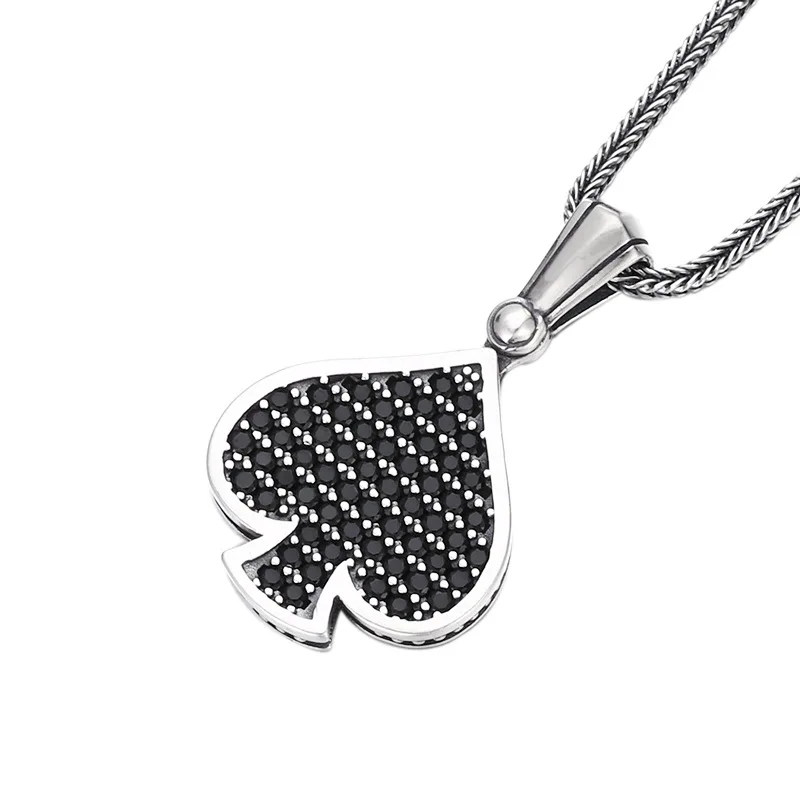

Gothic Black Spade Pendant Necklace, 925 Sterling Silver with Black Zircon, Vintage Antique Jewelry