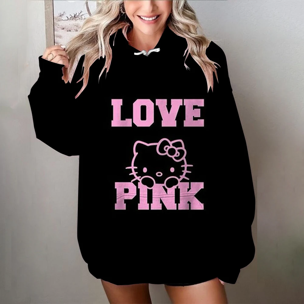 Autumn Winter Womens Casual Cute Hello Kitty print Long Sleeve Drawstring Pullover Tops Cute Style Hooded Sweatshirt 2024 