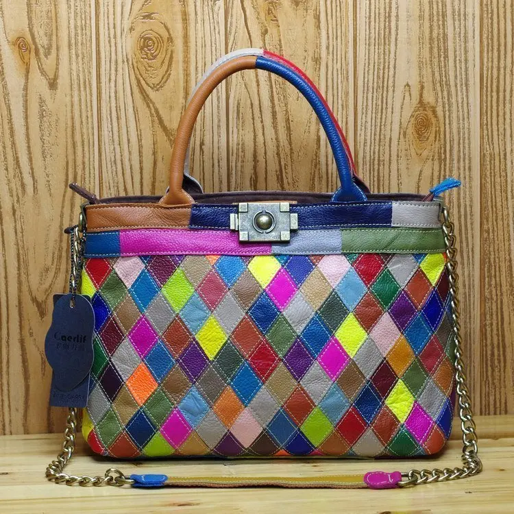 

Casual Leather Bag New Style Retro Artistic Contrast Color Checkered Patchwork Chain Motorcycle Bag Women's Handbag