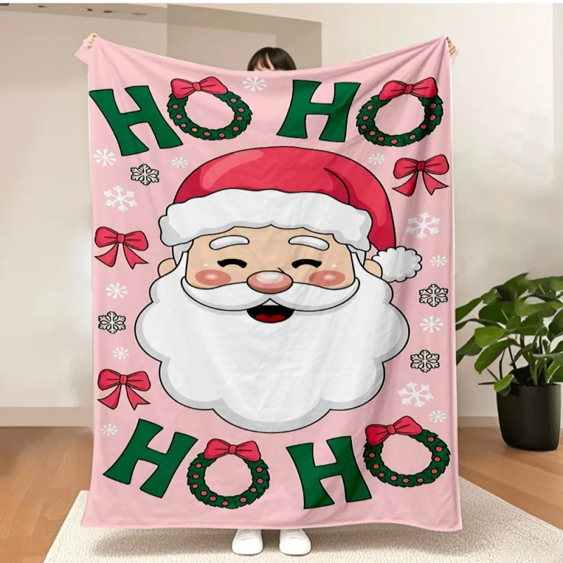 VIKAMA Smiling Santa HO HO HO Wreaths Throw Blanket, Cozy Plush Fleece Cover for Couch Sofa Bed, Xmas Home Decor Gift for Women