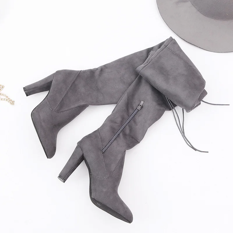 Women Spring Autumn New Fashion Side Zipper Long Boots Were Thin High-heeled Thick Suede Over-the-knee Ladies Black Gray Shoes