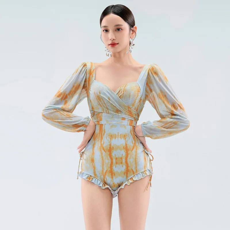 

2024 South Korean Women One Piece Long Sleeved Swimsuit Summer With High Waist Female Bath Outlet Mayo Swim Polyester Spandex