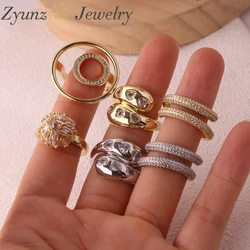 5pcs, White Zircon Heart Geometric Shape Copper Rings For Women Adjustable Aesthetic Wedding Ring Female Jewelry