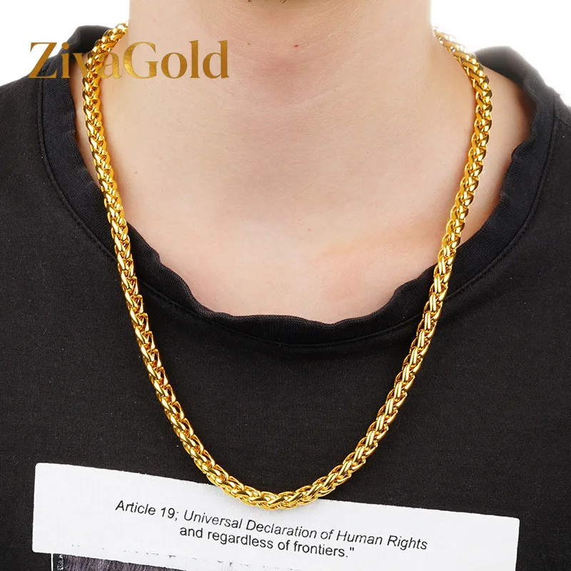 

ZivaGold Luxury 24K 9999 Pure Gold real gold Men's twist chain wheat necklace