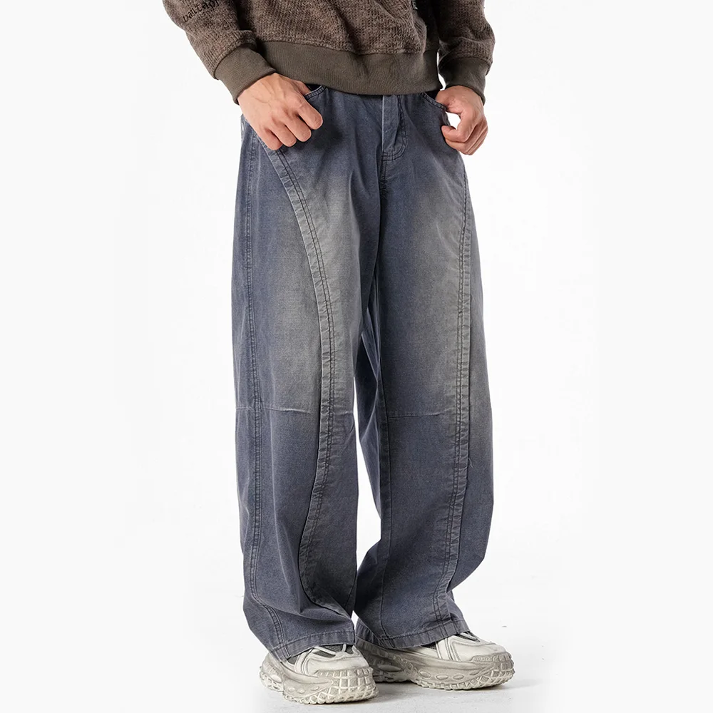 

Comfortable Vintage Washed Cotton Jeans Men Streetwear Loose Casual Pleated Wide-leg Denim Baggy Jeans Pants Cityboy Trousers