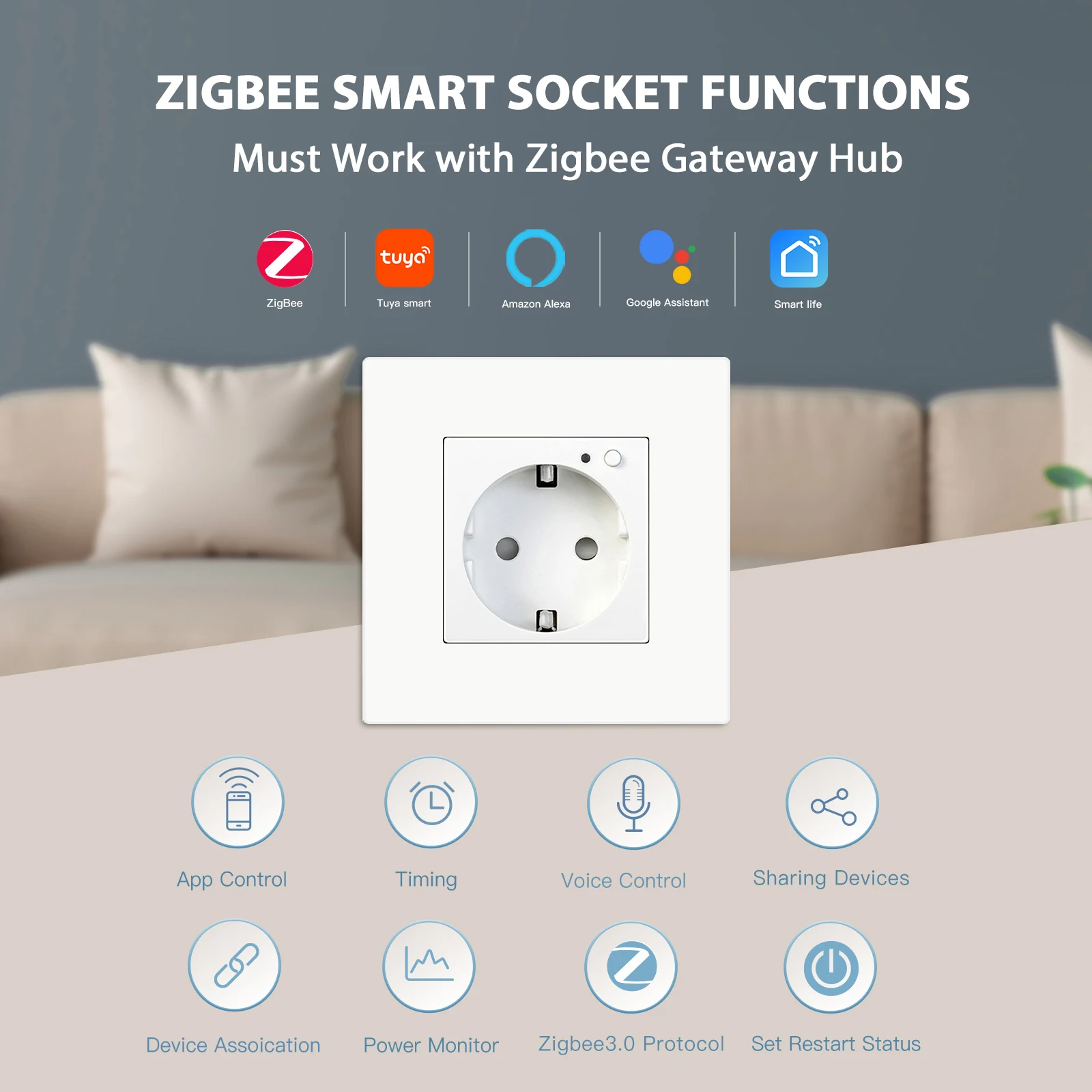 BSEED ZigBee Wall Sockets Energy Monitor Double Smart Meter Sockets Google Smart Life App Alexa Triple Sockets EU Plastic Home
