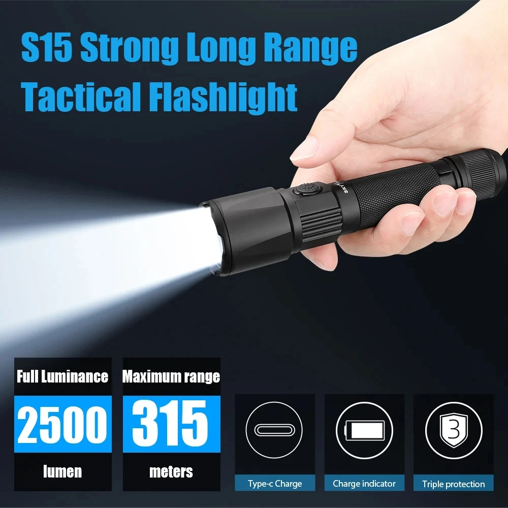 Skyray ST15 Tactical Flashlight Rechargeable High-Power LED Flashlight 2500 Lumens LED Work Light For Camping and Hunting