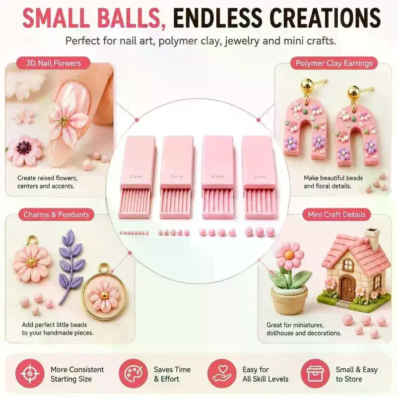 /Kuz/Nail Art Bead Roller 3D Print Clay Gel Ball Maker Tool For 3D Gel Flowers Polymer Clay Roller 2mm 3mm 4mm 5mm 4Pcs