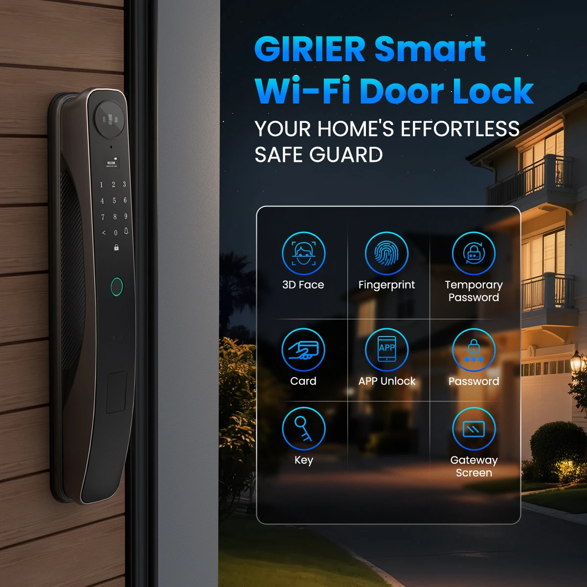 GIRIER Security APP Unlock Intelligent Lock Zinc Alloy 3D Face Recognition Smart Door Lock