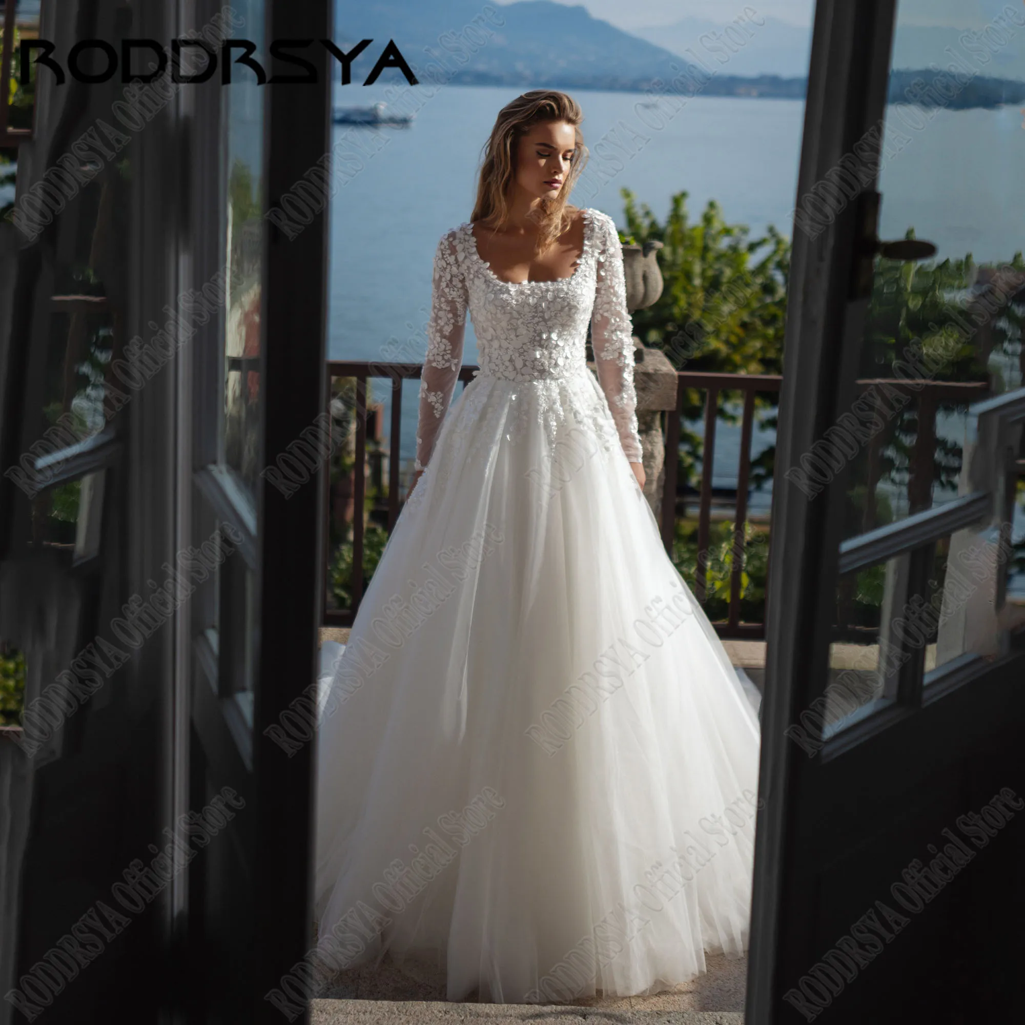 

RODDRSYA Customized Elegant Scoop Neck Wedding Dress 2025 Bridal Full Sleeve Applique Lace Boho Bridal Gown Vestidos De Novias