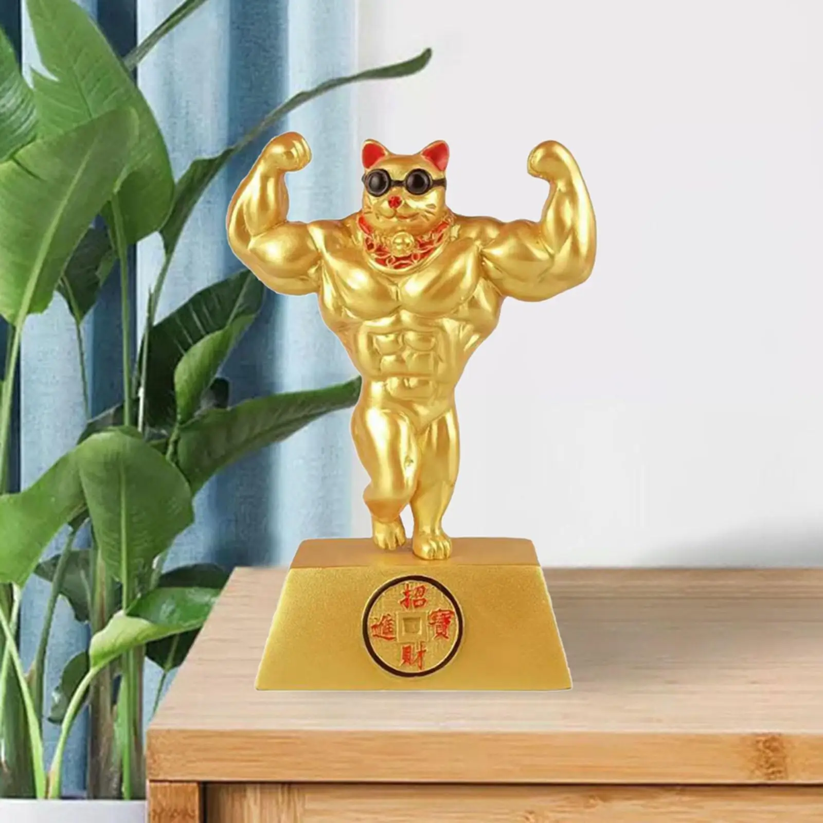 Lucky Cat Big Muscle Figurine Gold Resin Chinese Waving Arm Fortune Statue Decor for Bedside Shelf Home