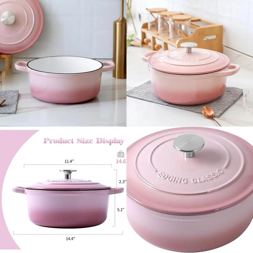 

Pink 7 Quart Round Enamel Cast Iron Dutch Oven with Lid for Bread Baking