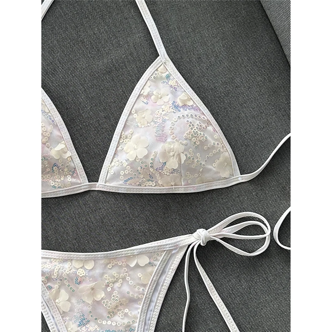 Bedruckter Bikini mit Pailletten, Neckholder-Design, Damen-Badebekleidung, zweiteiliger Bikini, hoher Beinausschnitt, Badeanzug, Badebekleidung, Modell V8237. – Detail 10