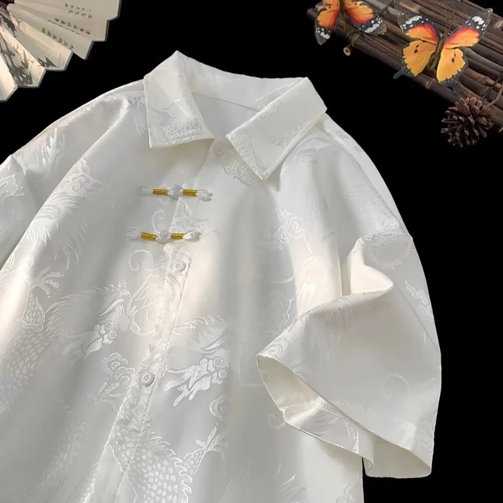 Nueva Camisa China para Hombre, Verano 2024, con Bordado de Dragón, Seda de Hielo, Estilo Lujoso y Ligero, Corte Holgado, Juvenil, Sin Planchado