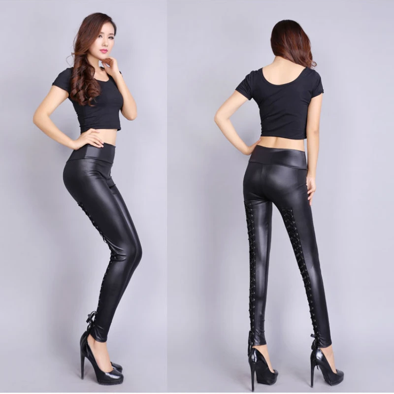 Woman Sexy Crotchless Leather Leggings Matt PU Bandage Open Crotch Pants Black Fashion Club Hidden Zippers Outdoor Sex Pencil