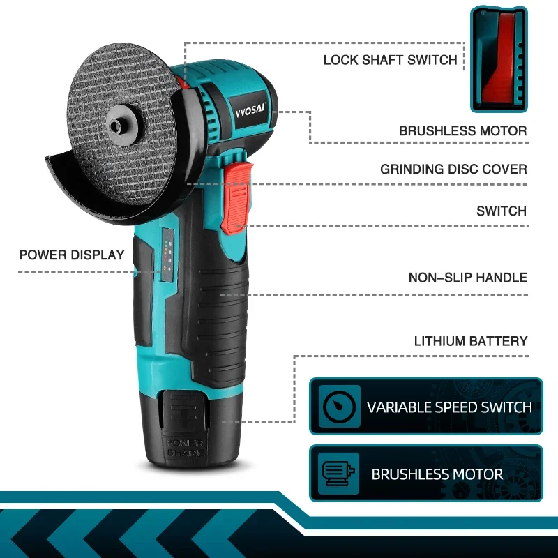 VVOSAI 12V Brushless Angle Grinder 19500RPM Electric Polishing Grinding Machine Mini Cordless Cutting Lithium Battery Power Tool