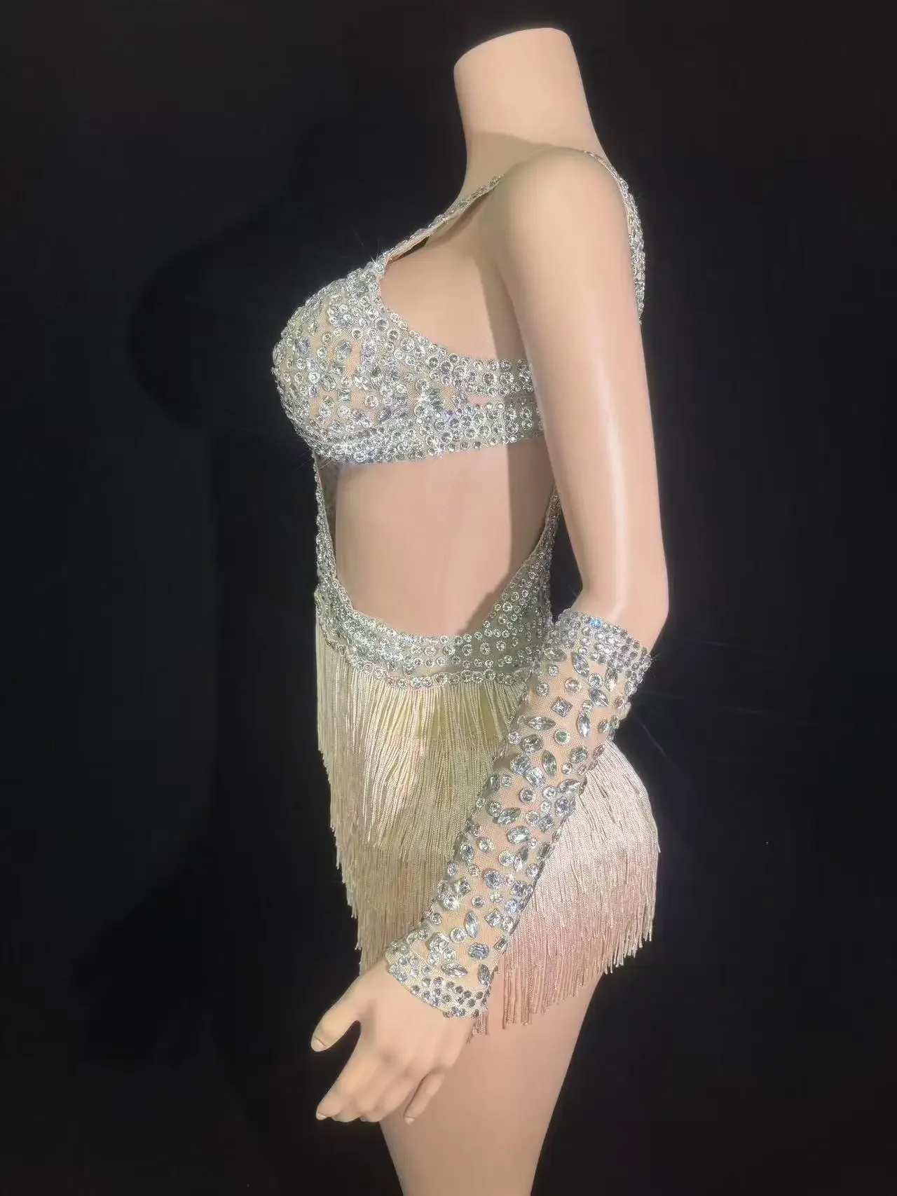 Sparkly Luxus Strass Quasten Ärmellose Overall Frauen Club Prom Party Outfit Sänger Tänzer Leistung Kostüm Bühne Tragen