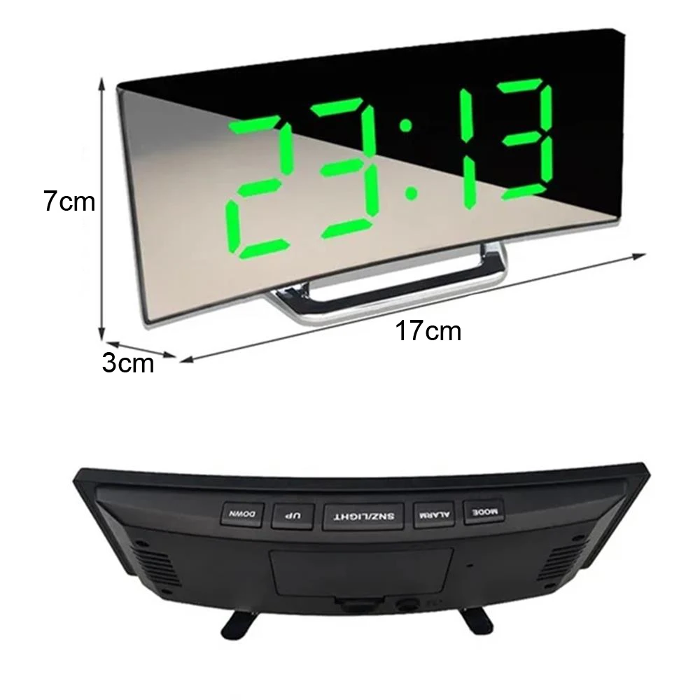 LED Digital Alarm Clock Screen Curved Mirror Table Clock Electronic Desktop Snooze Function Alarm Clock Bedroom Home Decoration