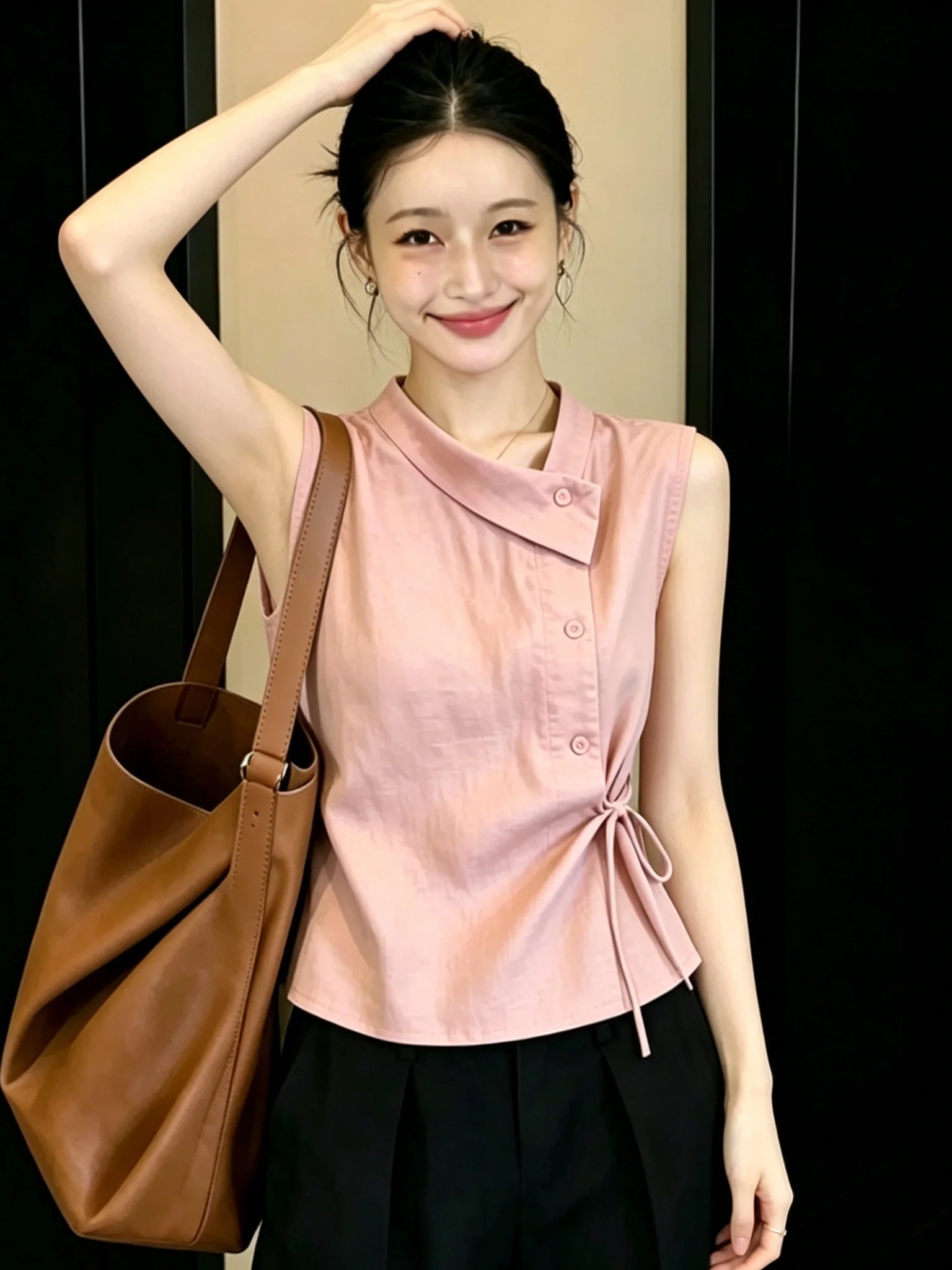 Elegant Asymmetric Collar Sleeveless Vest Shirt Women Summer Design Waist-Cinching Belt Beautiful Top French Style Blouse 2
