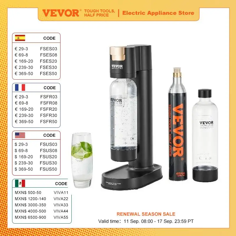 VEVOR Sprudelwassergerät Wassersprudler Soda Maker, Selterswasser-Starter-Set mit 2 Stk. BPA-freien 1-Liter-PET-Flaschen, 1 Stk. CO2-Flasche, Kompatibel mit Einschraubbaren 60-Liter-CO2-Flaschen