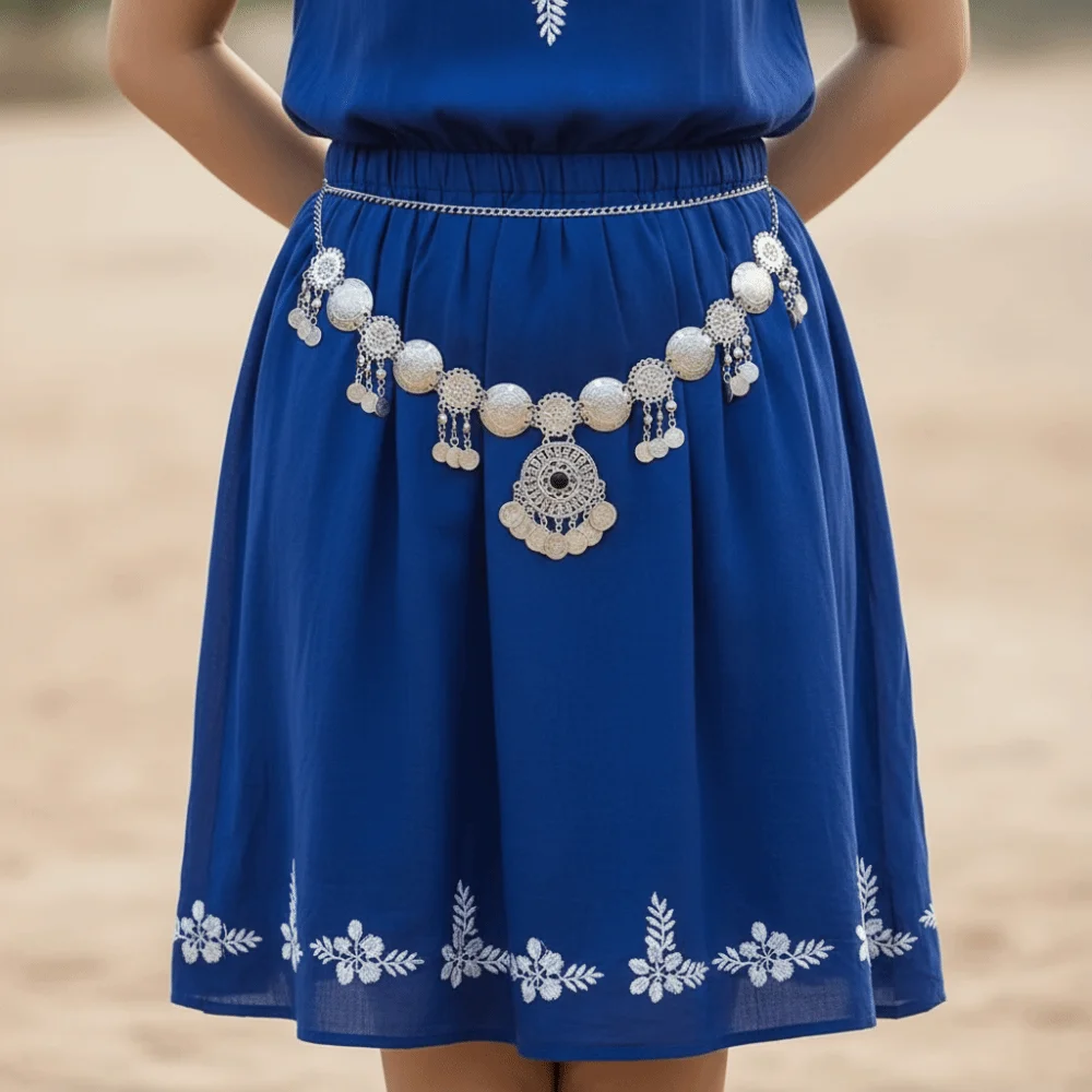 Retro Vintage Münzgürtel mit langen Quasten, Bauchtanzgürtel, gold-silberfarben, geschnitzte Blumen, Körperkette im Ethno-Stil – Detail 3