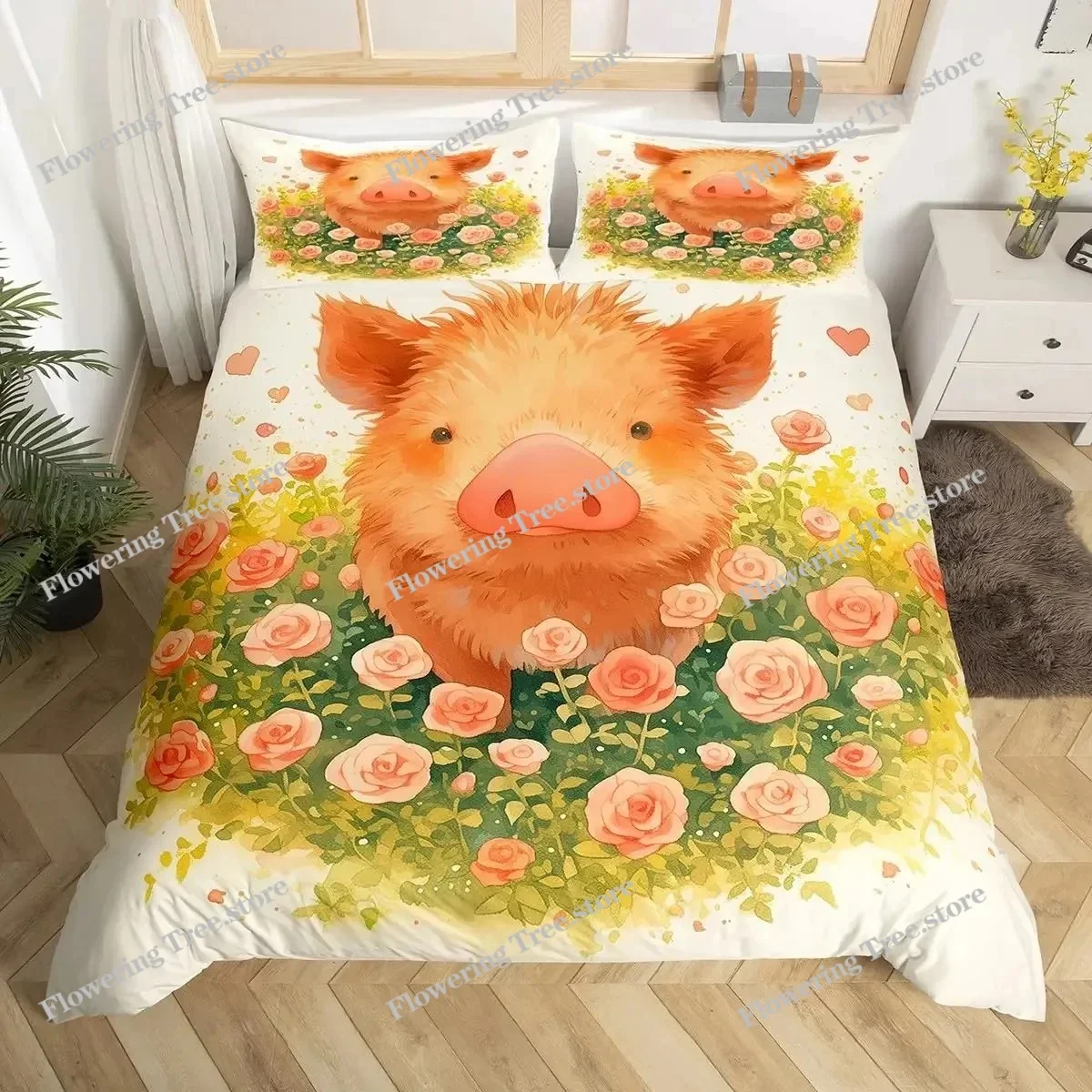 Pig Duvet Cover King Twin Lovely Cartoon Piggy Comforter Cover,Girls Pink Bedding Set Kawaii Farm Animal Microfiber Quilt Cover